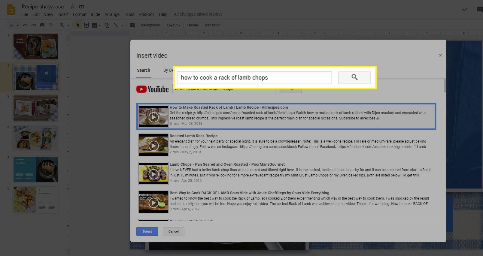 A caixa de pesquisa do YouTube ao adicionar um vídeo ao Apresentações Google.