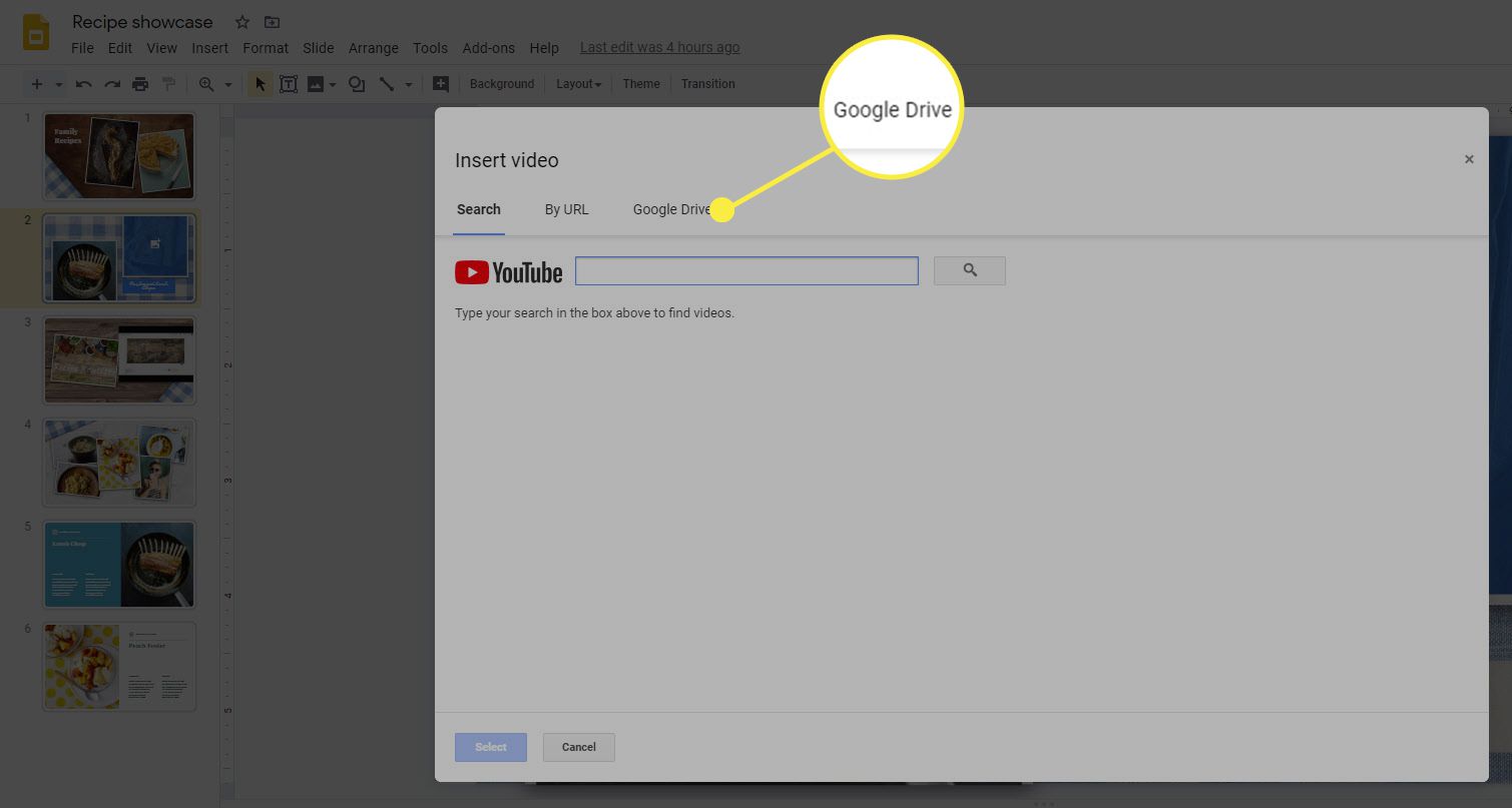 A opção do Google Drive para inserir vídeos no Apresentações Google.