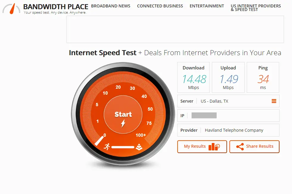Resultados do teste de velocidade da Internet do local de largura de banda