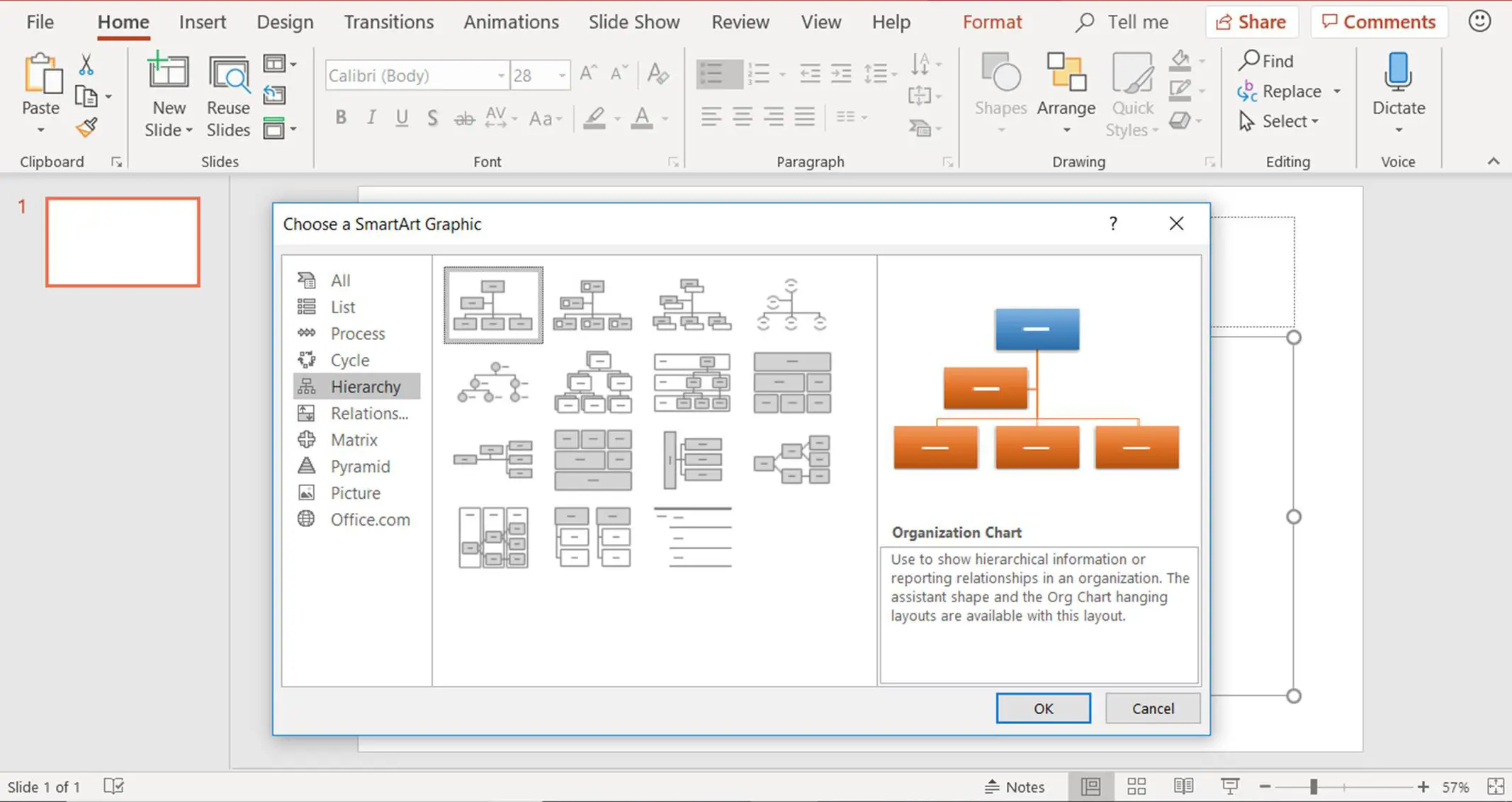 Uma captura de tela mostrando como escolher um gráfico SmartArt no PowerPoint para uma árvore genealógica