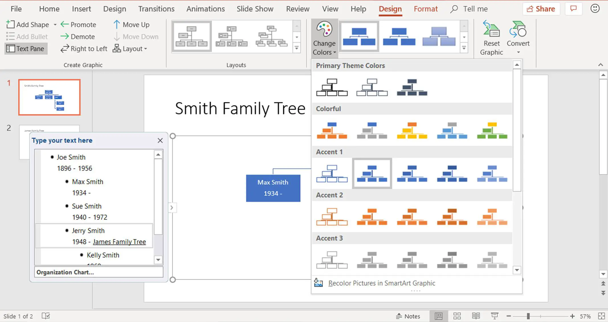 Uma captura de tela mostrando como alterar as cores em um gráfico SmartArt no PowerPoint