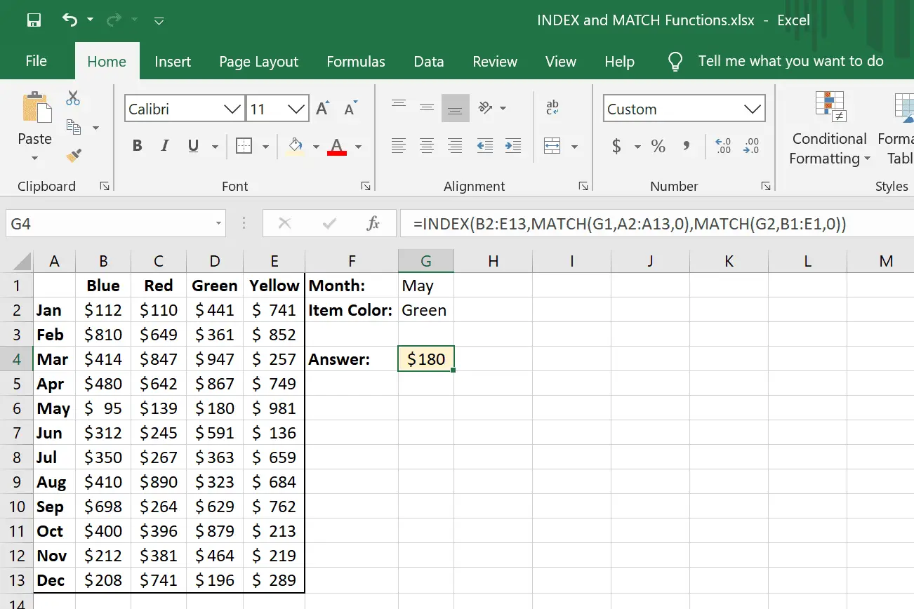 Exemplo de aninhamento INDEX e MATCH no Excel