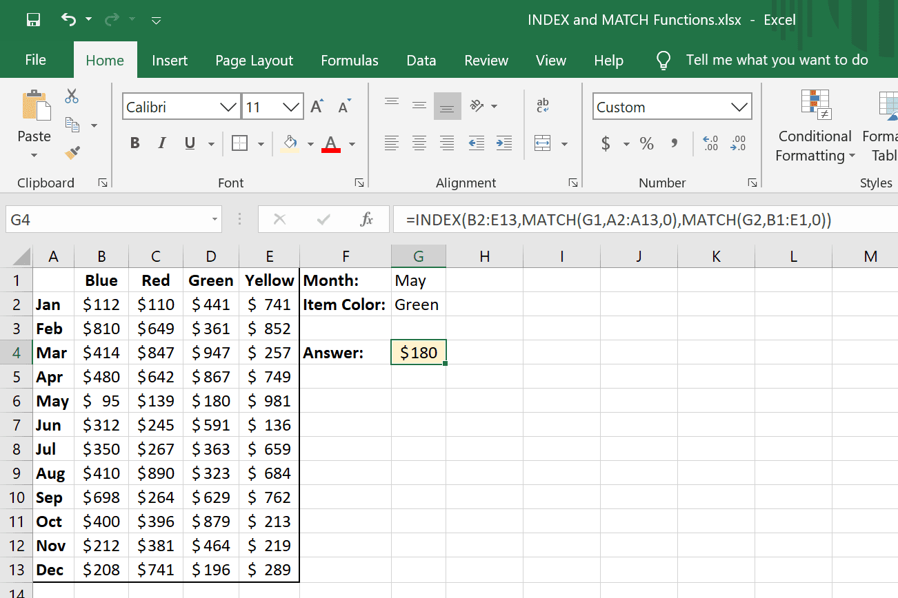 Exemplo de aninhamento INDEX e MATCH no Excel