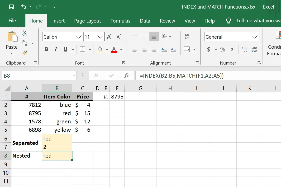 Funções MATCH e INDEX Excel aninhadas em uma fórmula