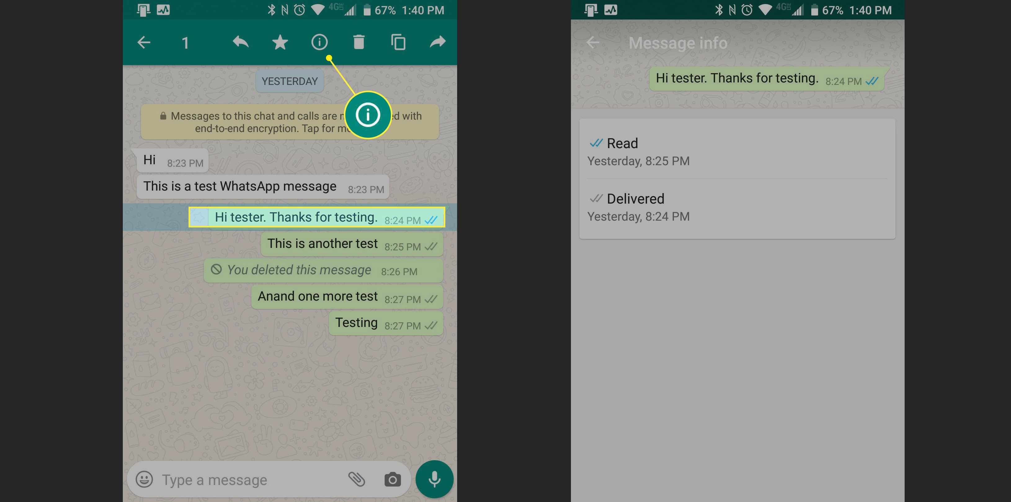 WhatsApp com mensagem selecionada e informação de tempo lida e entregue