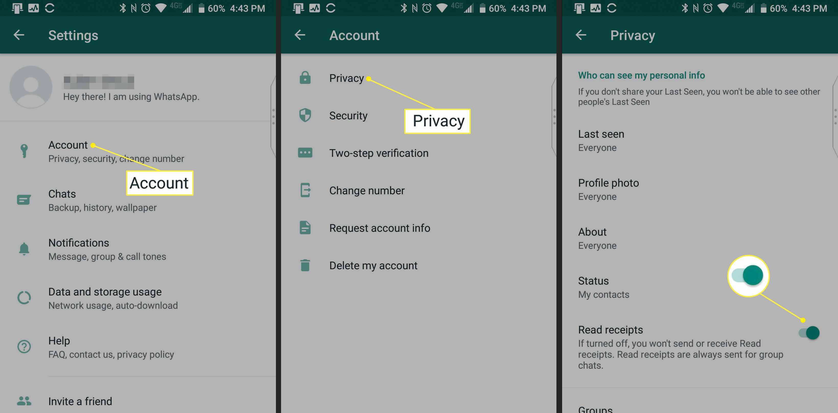 Configurações de privacidade do WhatsApp com controle deslizante Recibos de leitura destacado