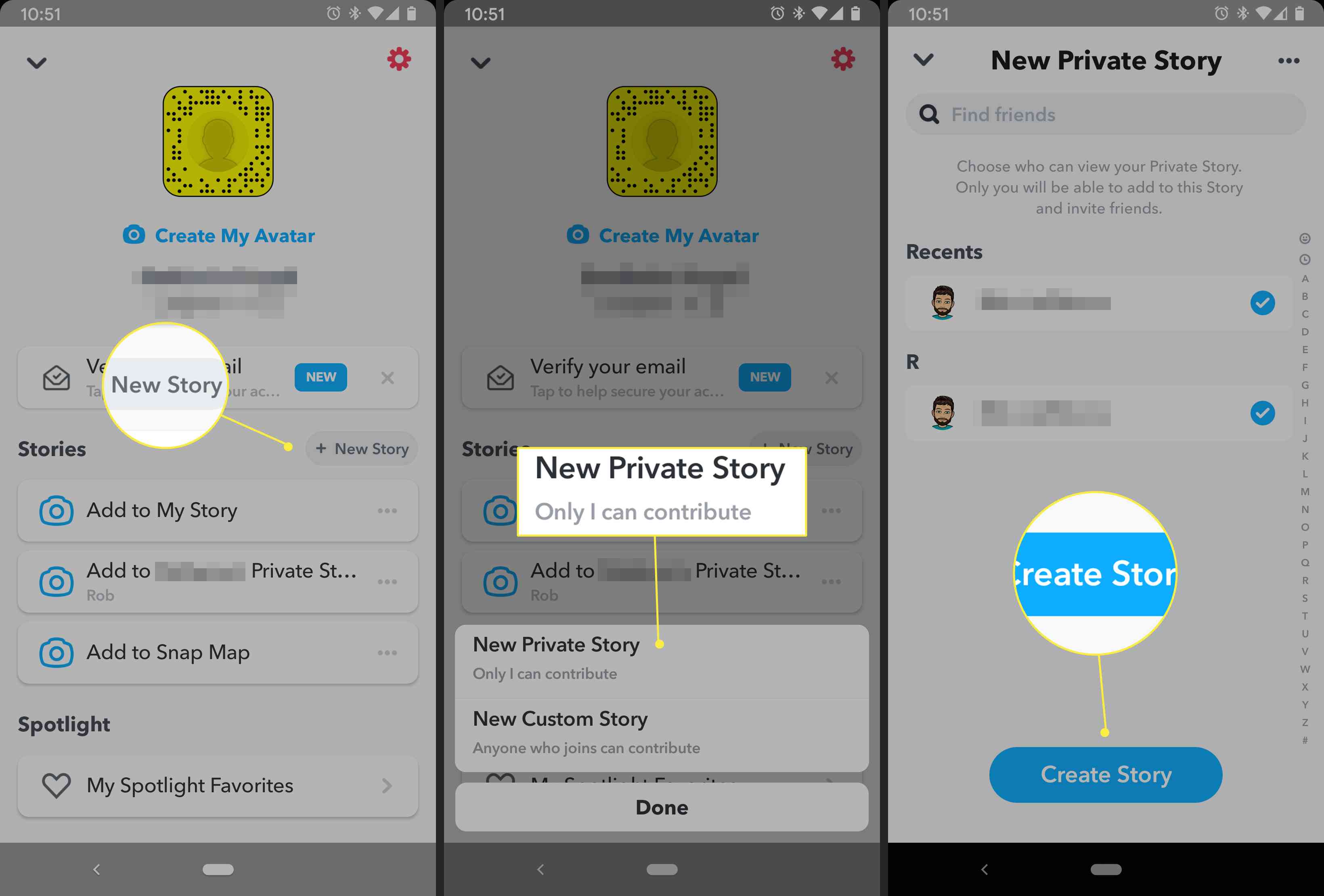 Um usuário Snapchat cria uma nova história privada a partir de seu perfil
