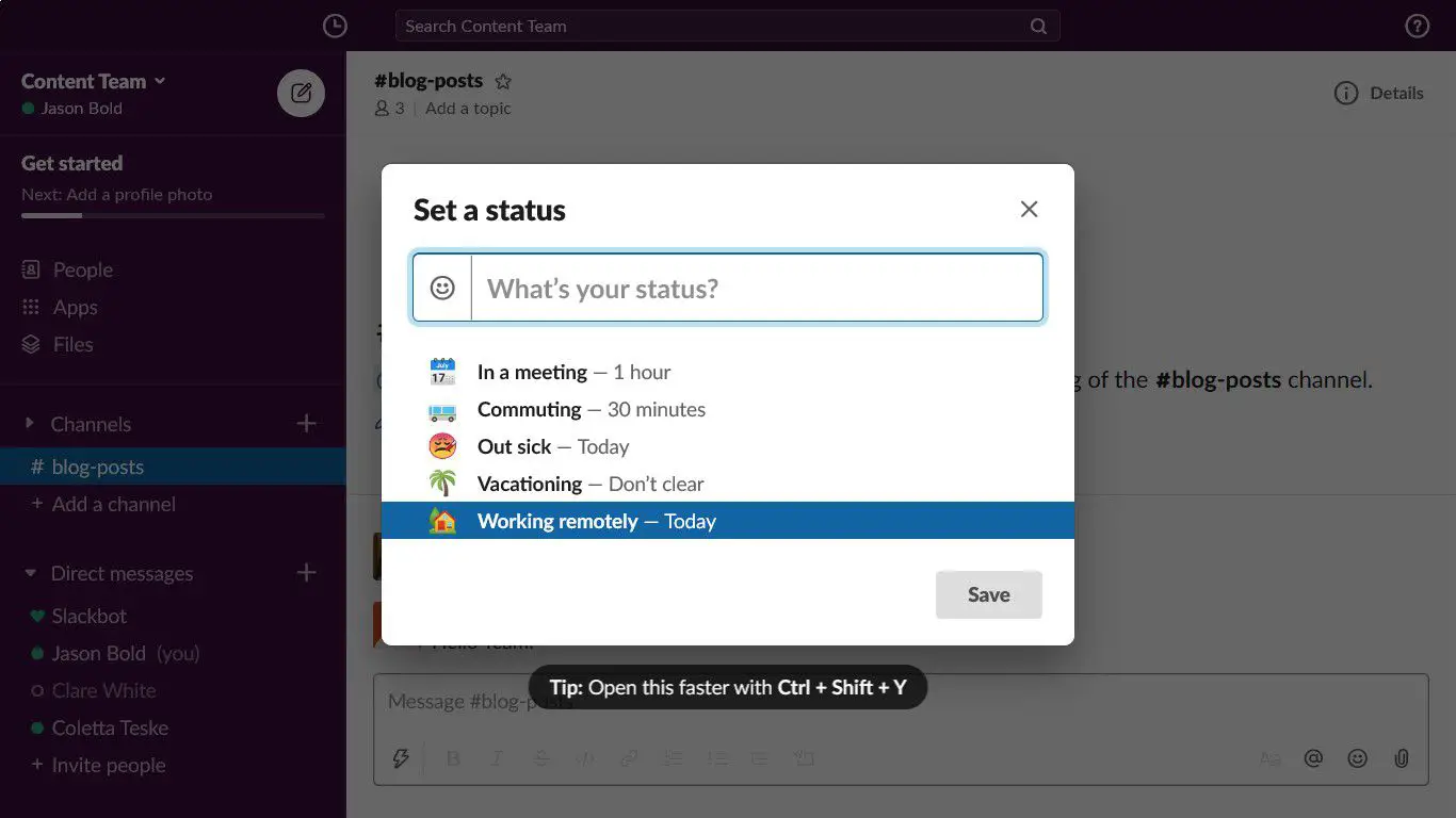 Escolha um status personalizado no Slack