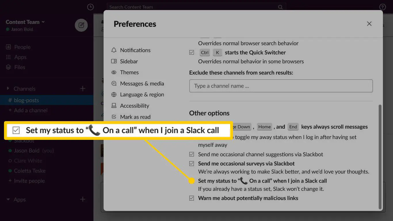 As opções do Slack Advanced para definir o status durante uma chamada