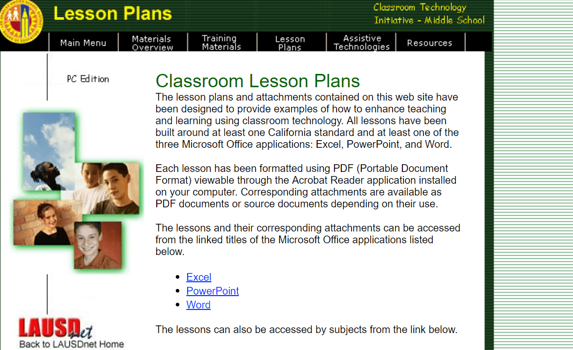 Planos de aula no site LAUSD