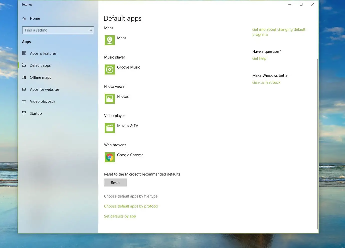 Captura de tela mostrando Escolher aplicativos padrão por tipo