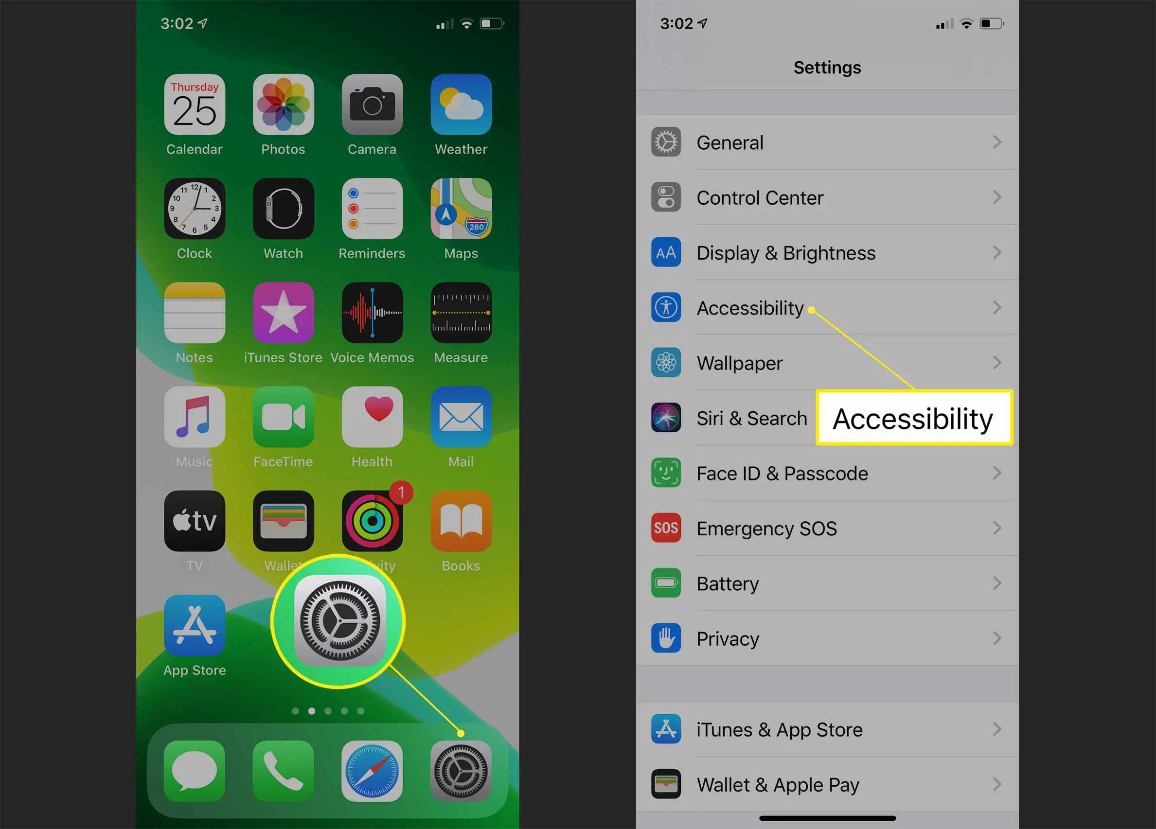 Aplicativo de configurações do iPhone e opção de acessibilidade