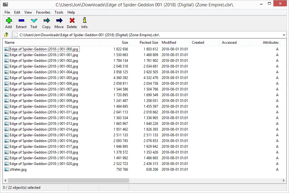 Conteúdo de um arquivo CBR em 7-Zip