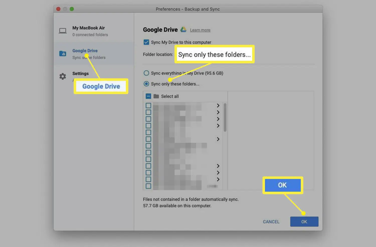 Preferências do Google Drive com a pasta Google Drive destacada