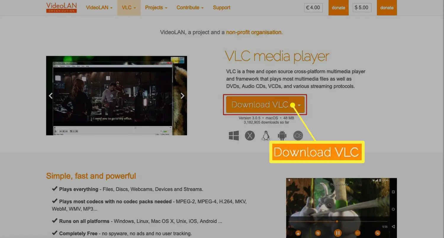 Site do VLC com o botão Baixar VLC destacado