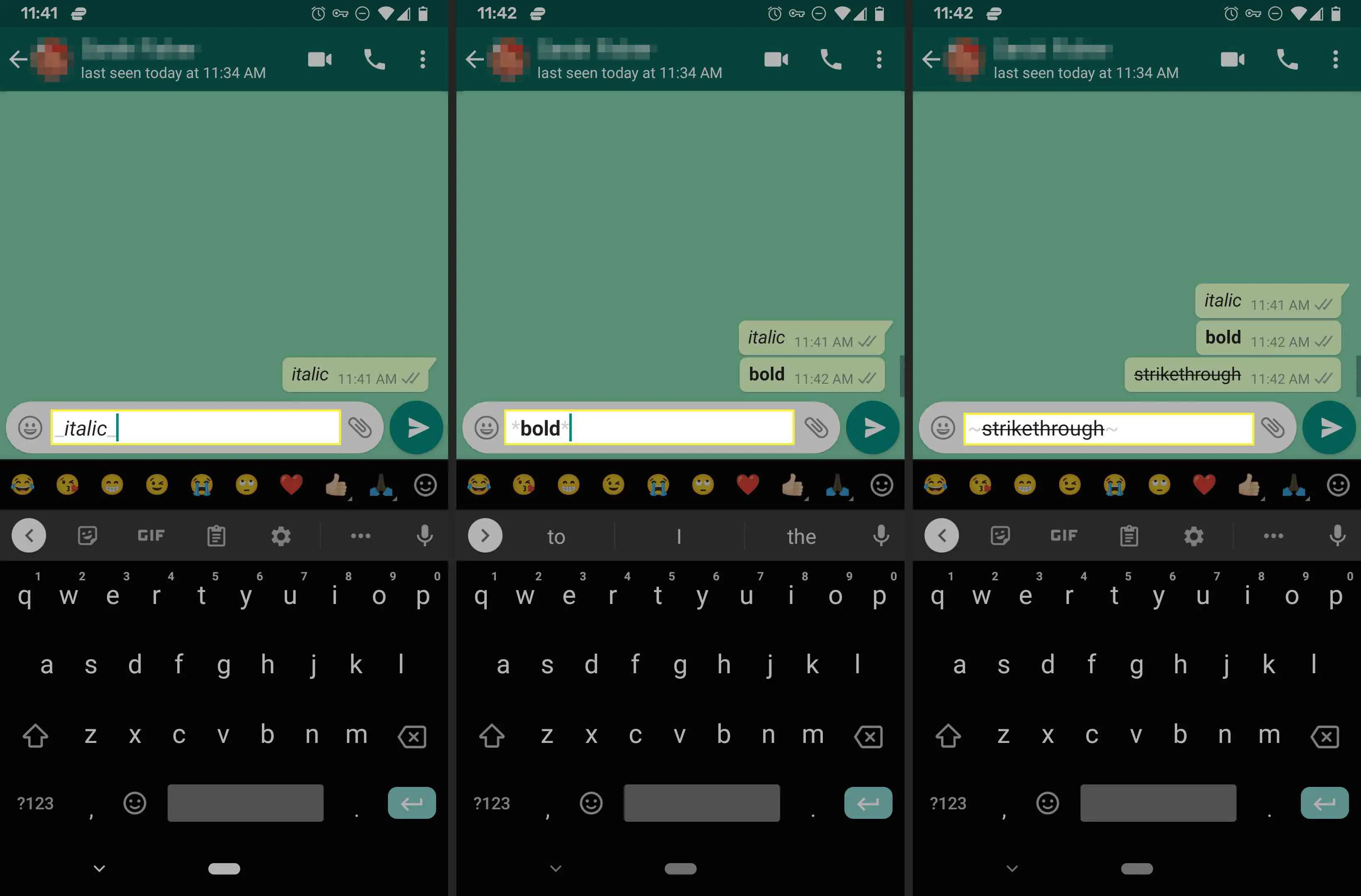 Texto em itálico, negrito e tachado no WhatsApp no ​​Android.
