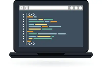 Ilustração de um computador com código HTML na tela