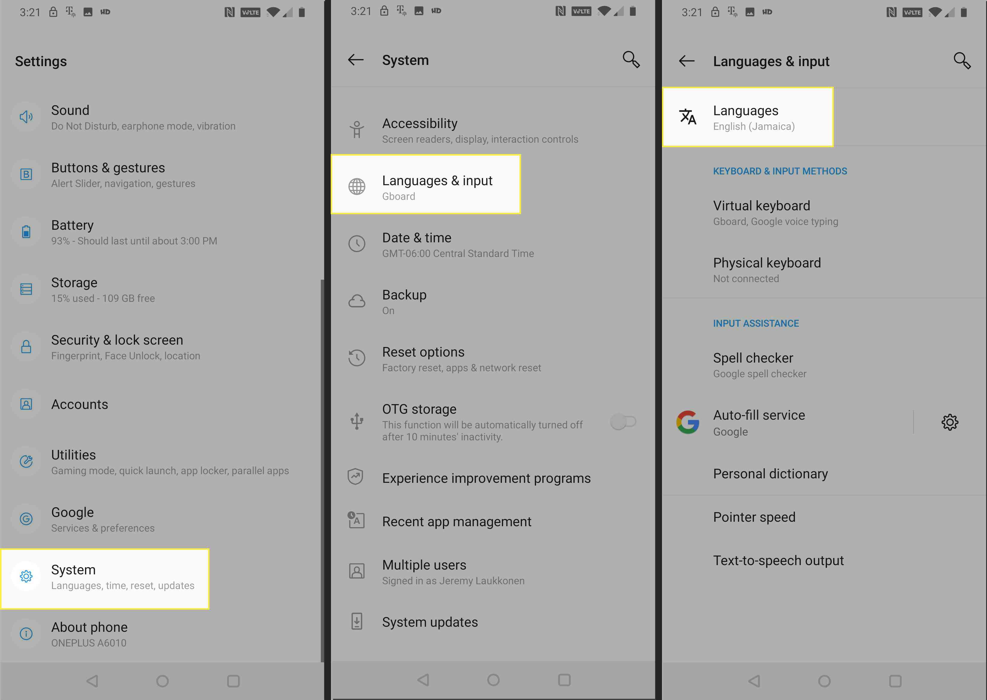 Capturas de tela das configurações do Android com sistema, idiomas e entrada e idiomas destacados