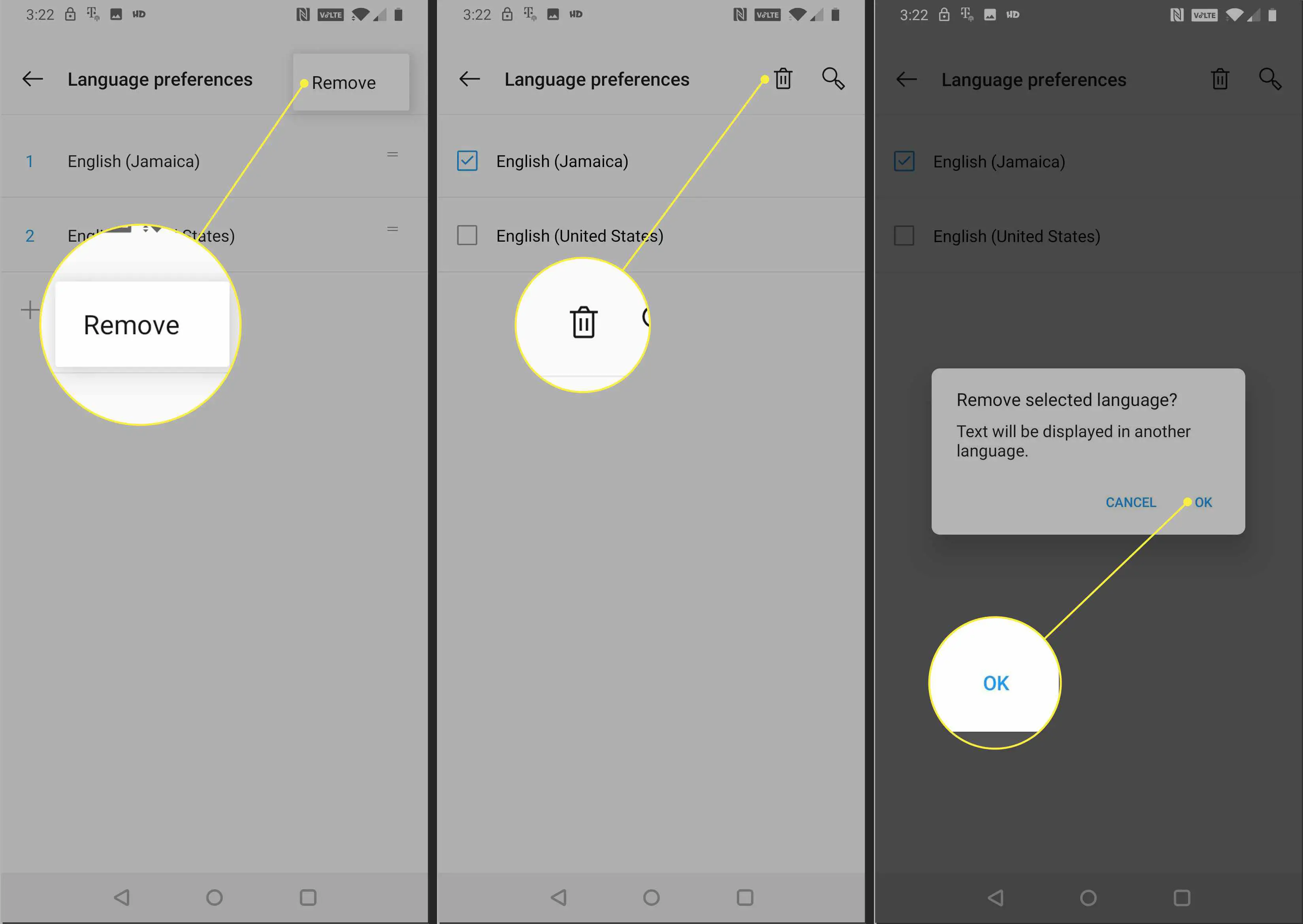 Capturas de tela das preferências de idioma do Android com os botões Remover, Lixeira e OK destacados