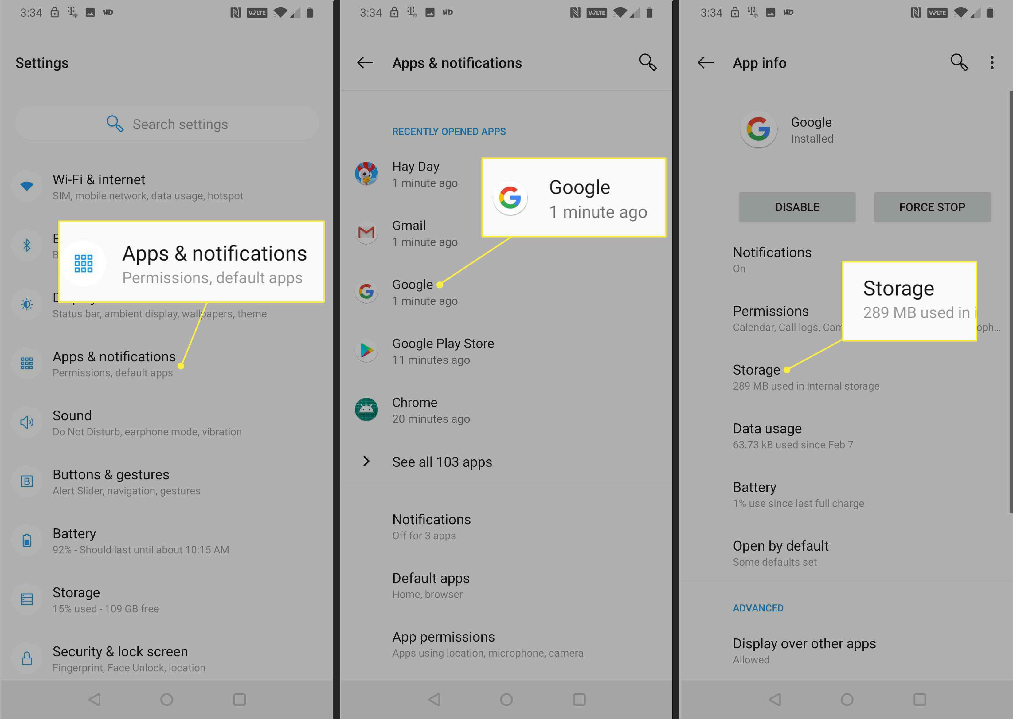 Capturas de tela das configurações do Android com aplicativos e notificações, Google e armazenamento destacados