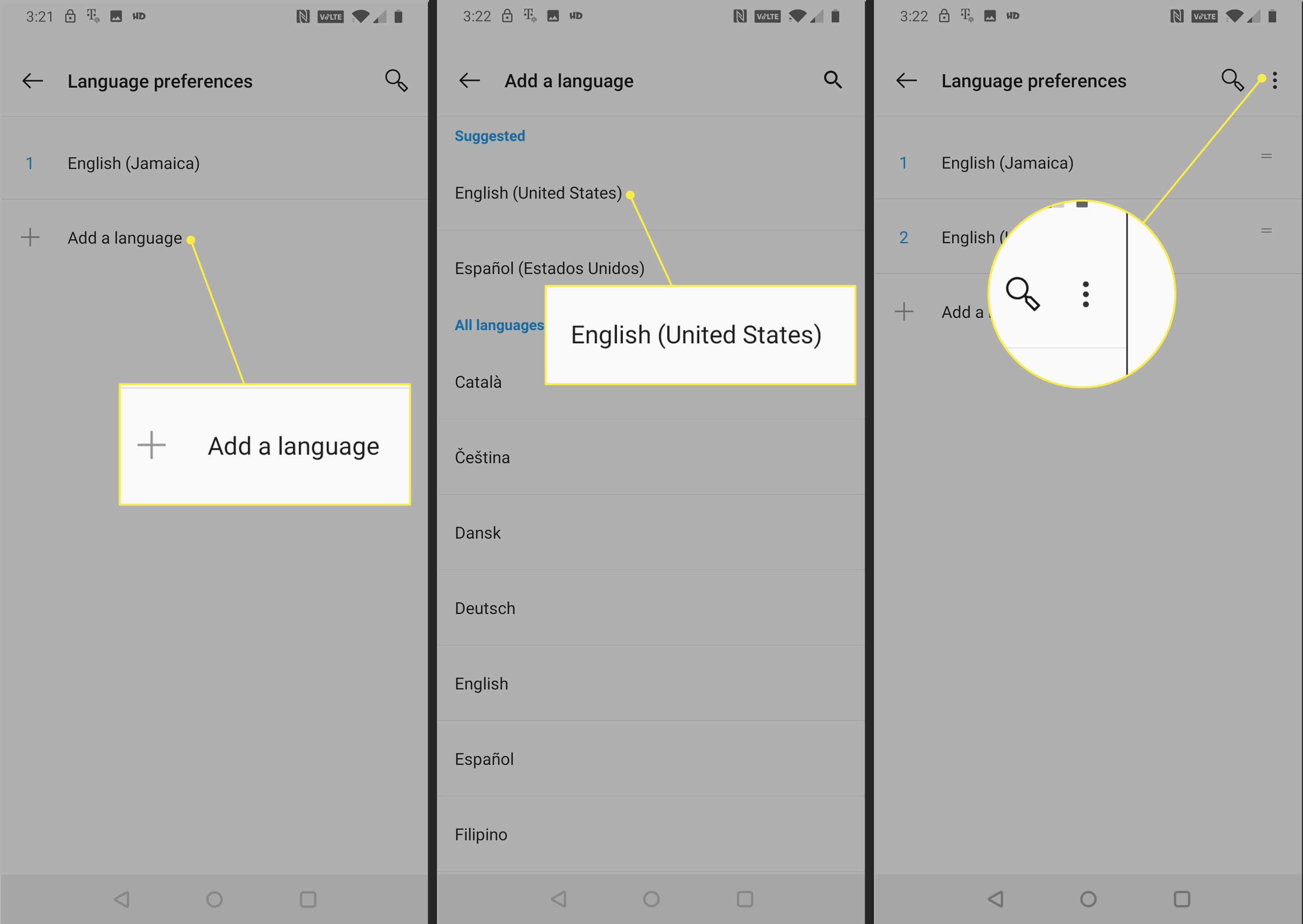 Capturas de tela das preferências de idioma do Android com Adicionar um idioma, inglês e o menu de três pontos destacados