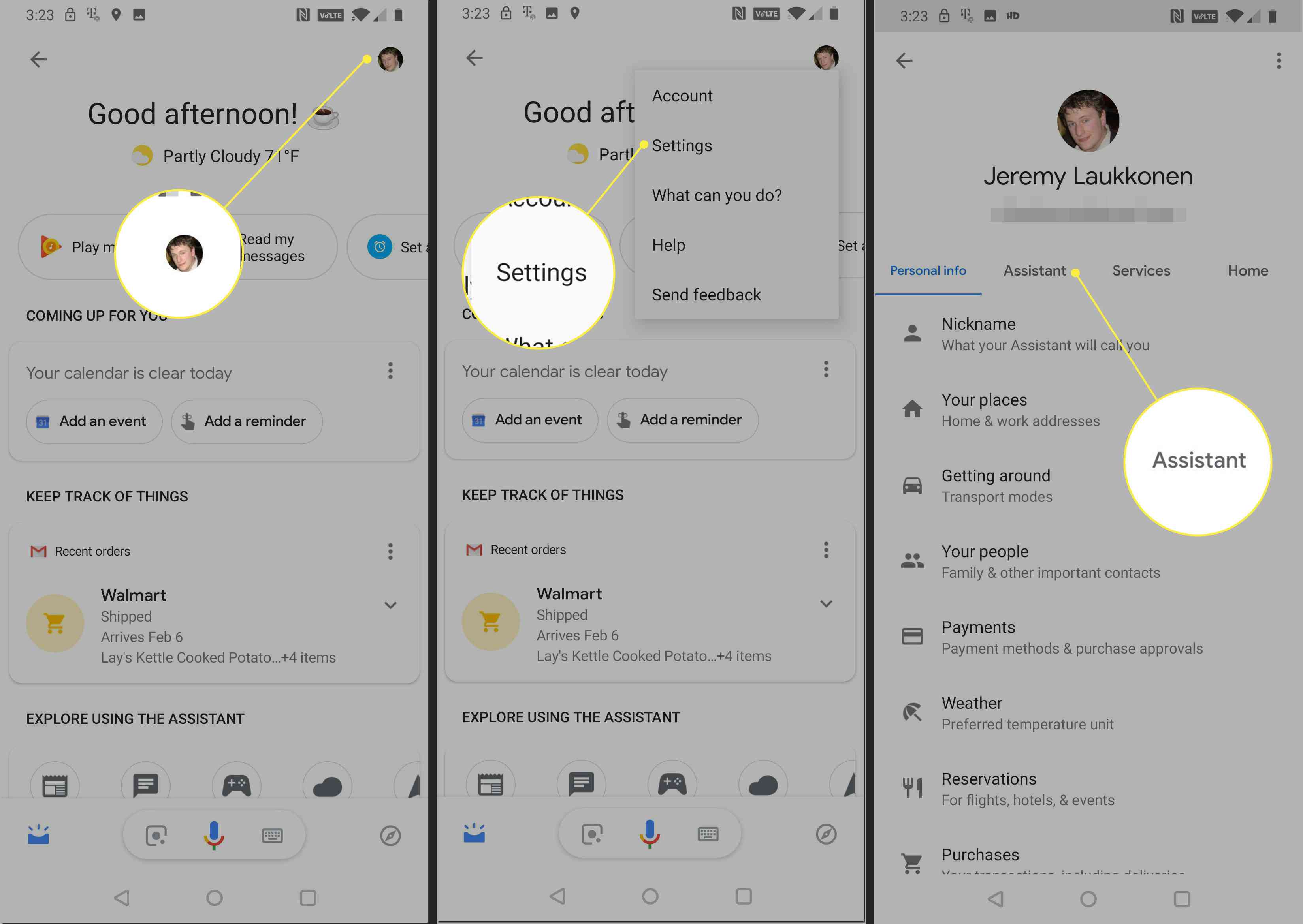 Capturas de tela do Google Assistente com a imagem do perfil, Configurações e Assistente em destaque