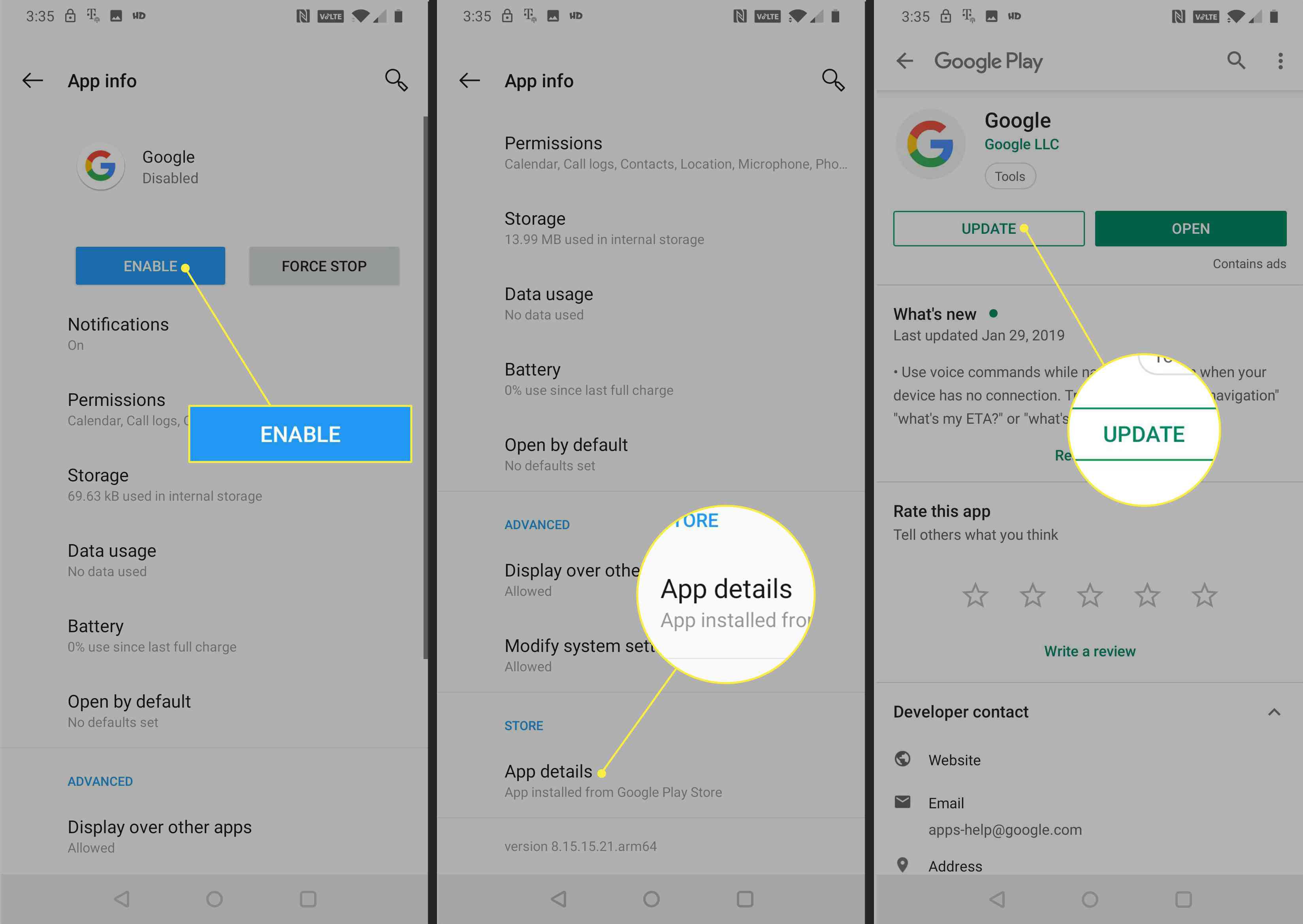 Capturas de tela mostrando como atualizar o Google em um telefone Android