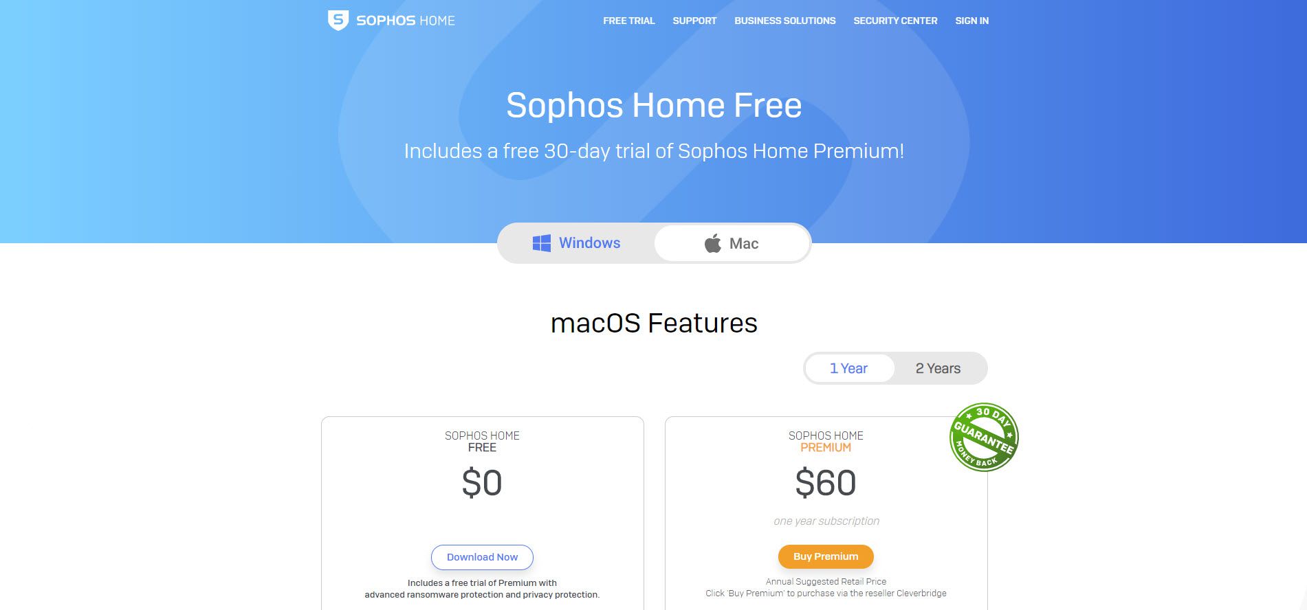 Uma captura de tela do site Sophos Home Free.