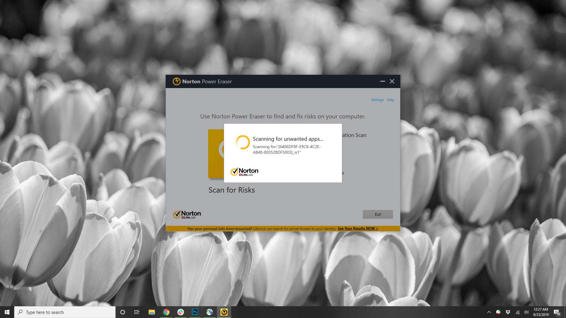 Uma captura de tela do Norton Power eraser examinando um sistema em busca de aplicativos indesejados.