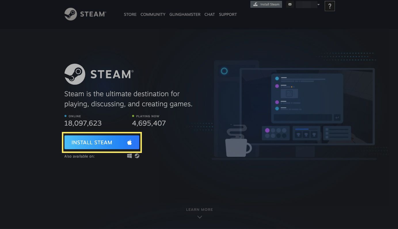 Selecione Instalar Steam para a sua versão do sistema operacional.