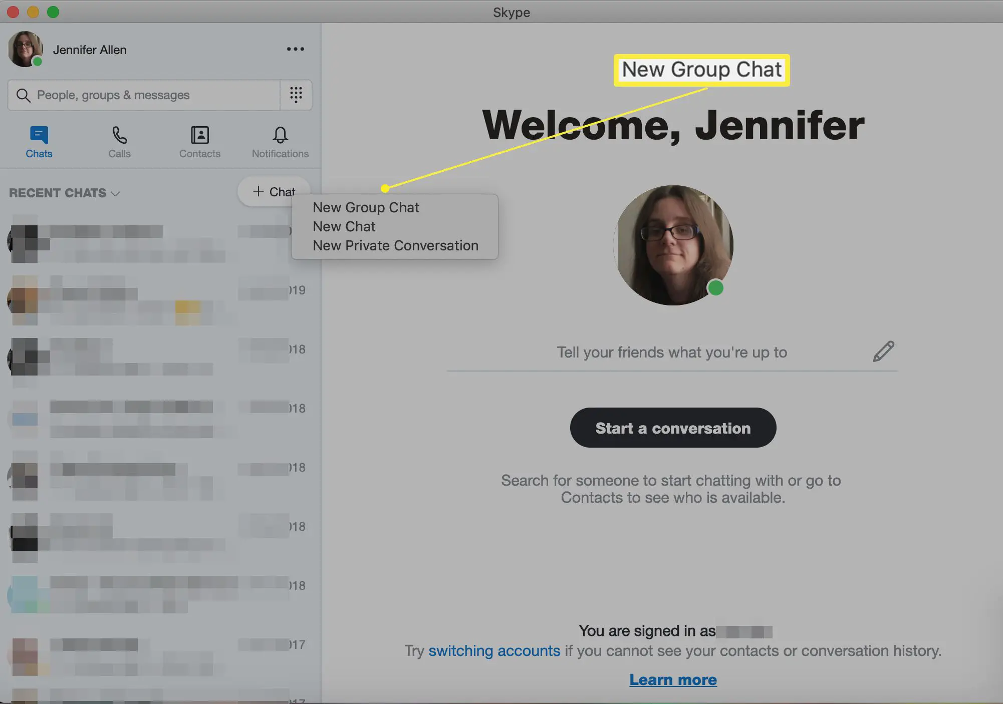 Skype com Novo Chat de Grupo destacado