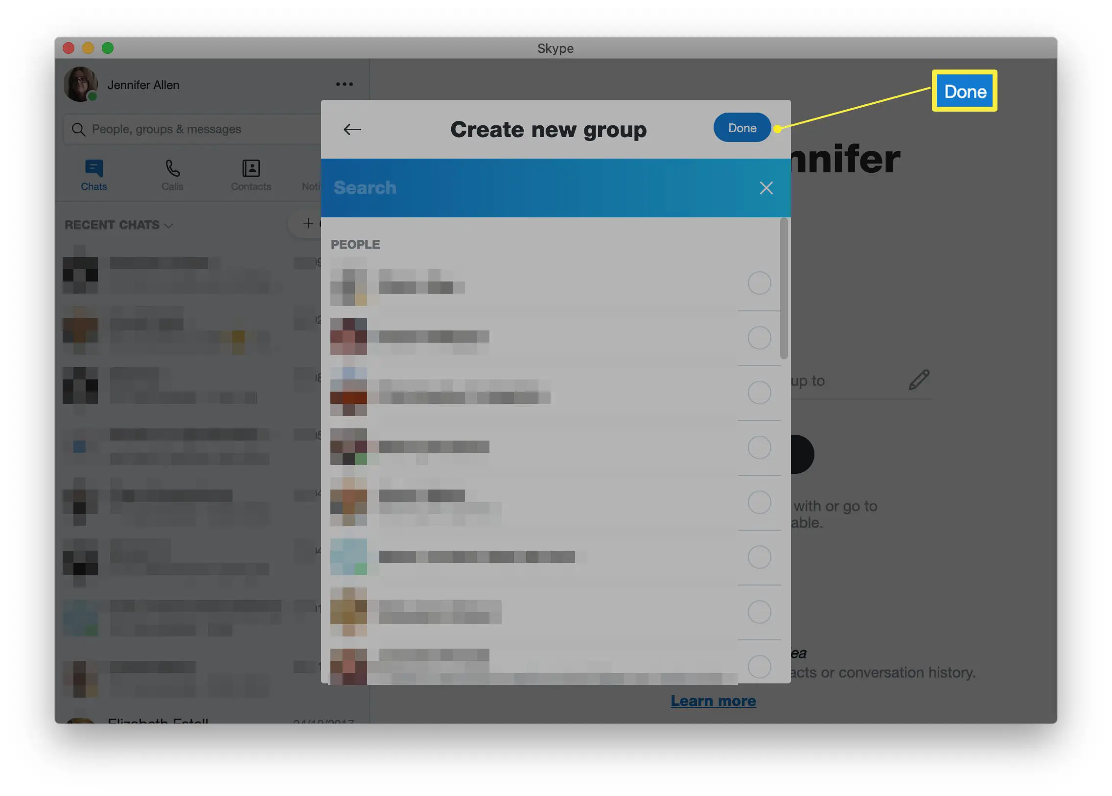 Skype com criar novas opções de grupo e Concluído destacado