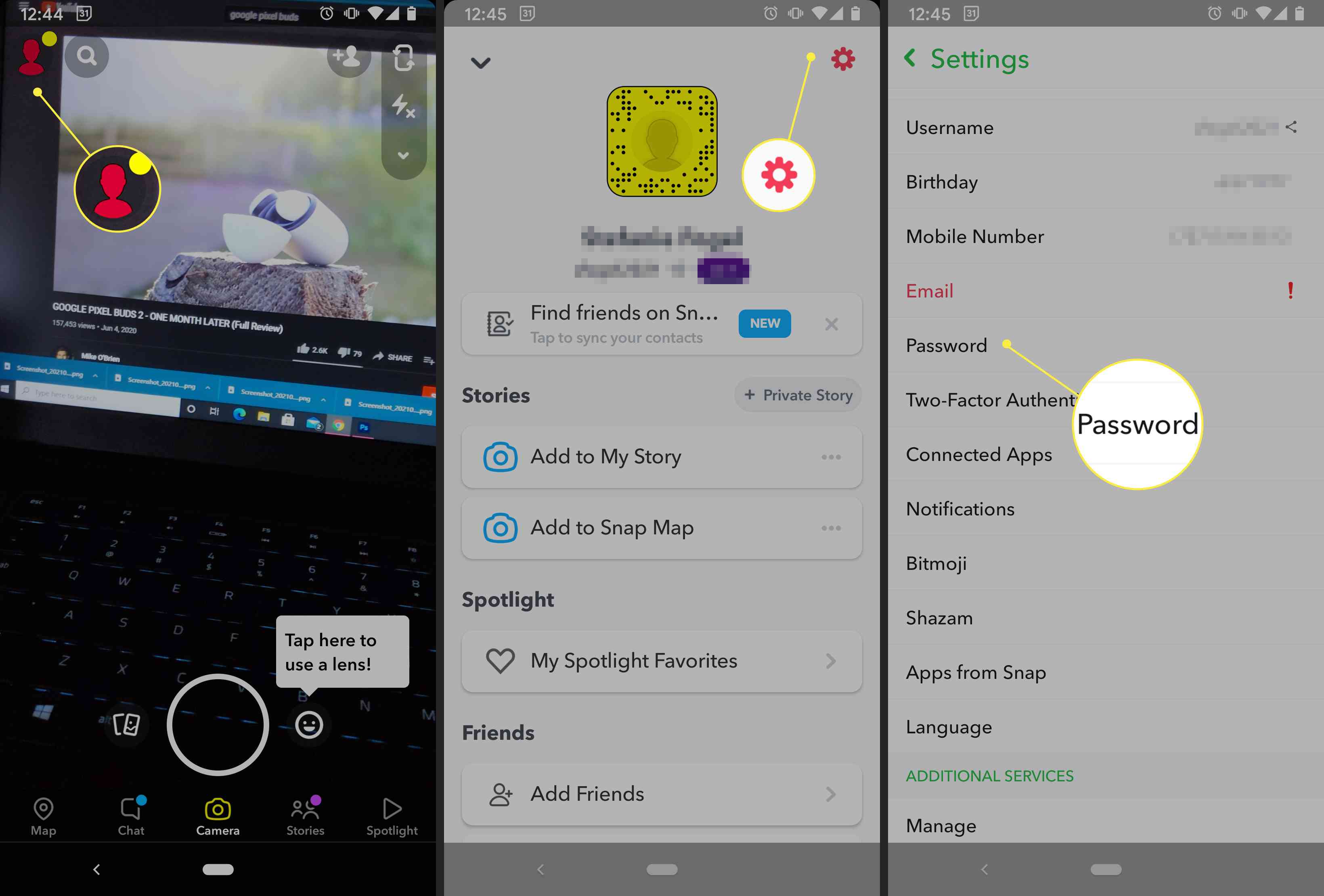 Um usuário Snapchat redefine sua senha por meio do aplicativo