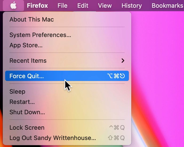 Clique no ícone da Apple e selecione Forçar Encerrar