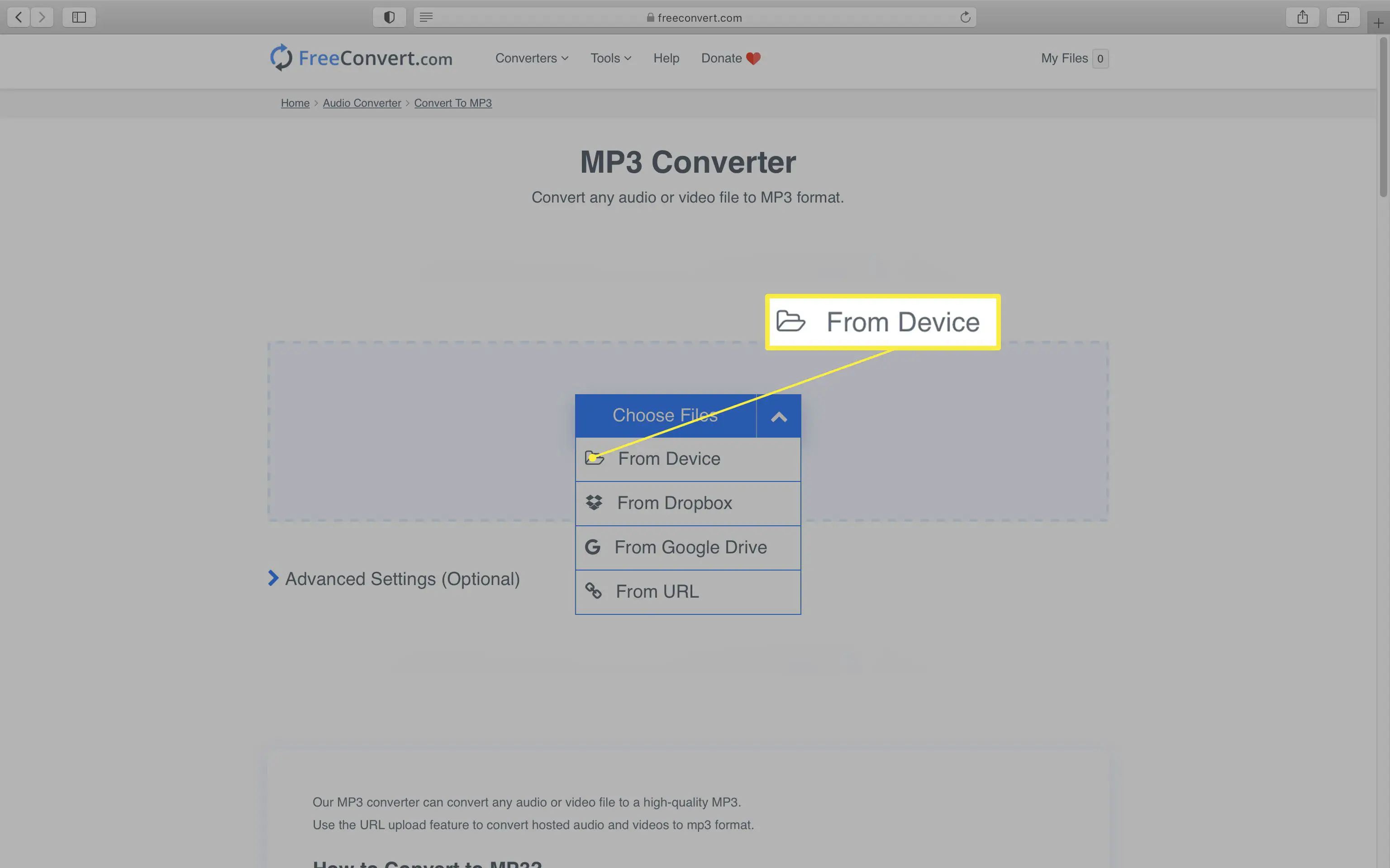 Vídeo FreeConvert para site de conversão de MP3.