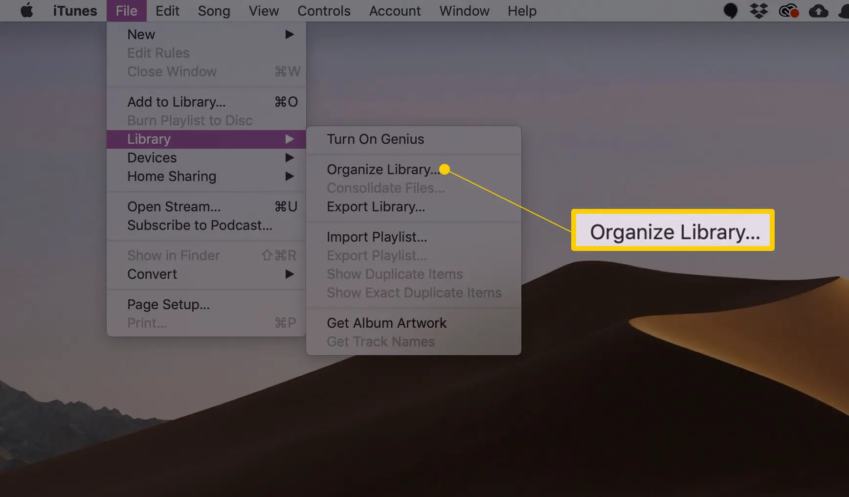 Organizar biblioteca ... item de menu em Arquivo, menu Biblioteca no macOS