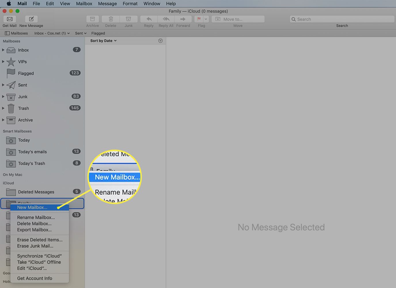 Criação de uma subpasta em uma caixa de correio de nível superior no Mac Mail