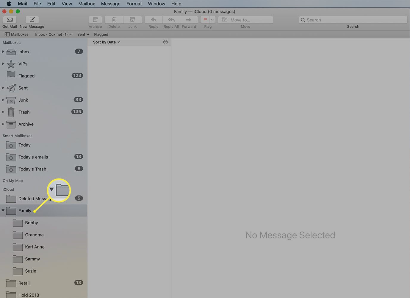 Caixa de correio de nível superior expandida para mostrar subpastas no Mac Mail