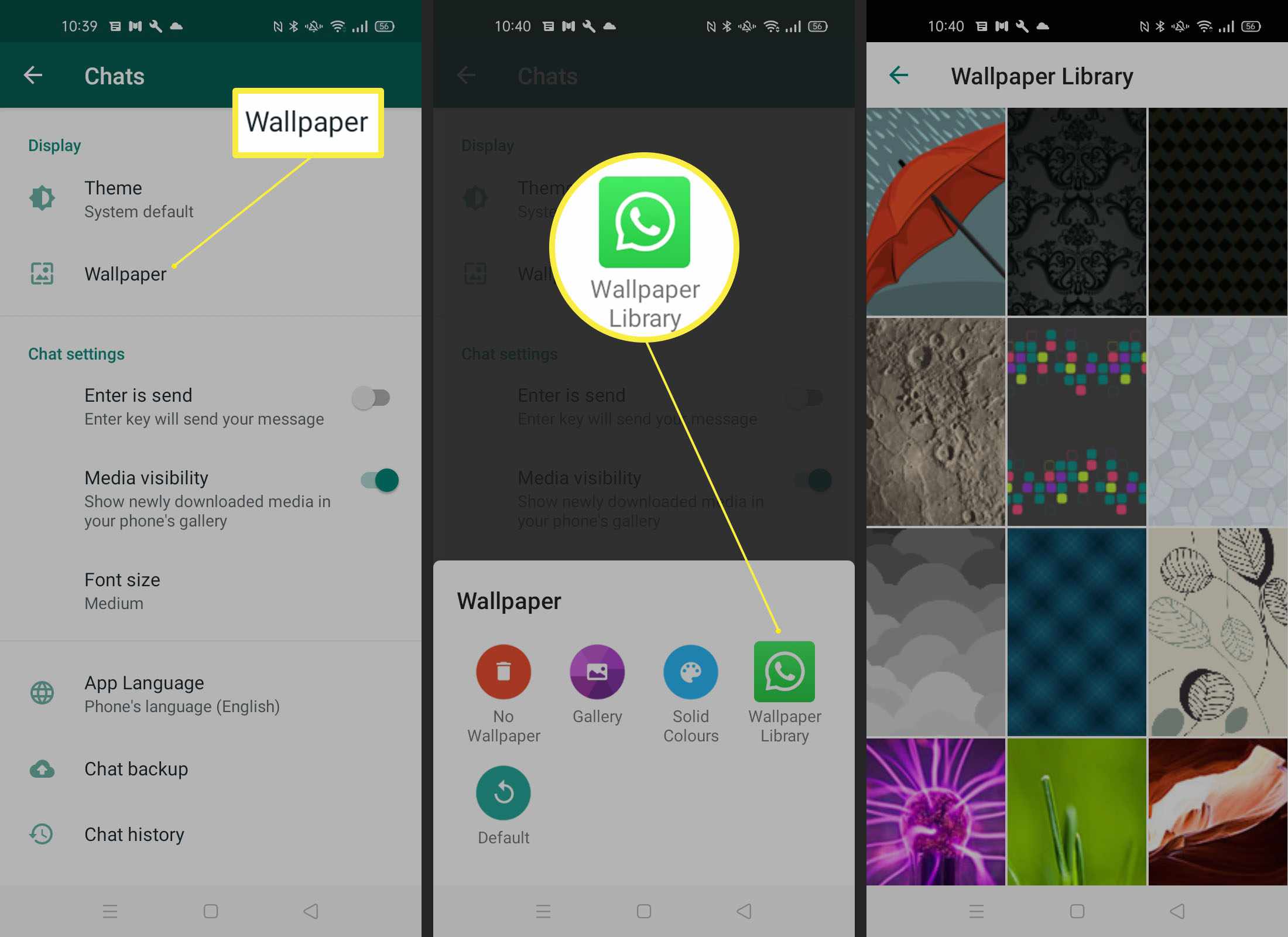 Etapas necessárias para adicionar papel de parede da Biblioteca de papéis de parede no WhatsApp Android