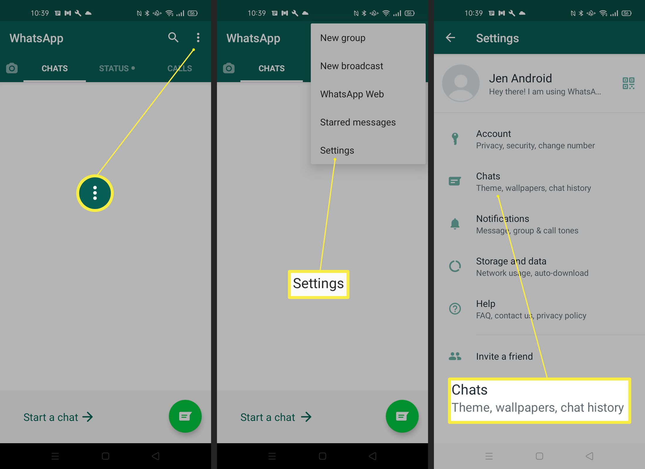 Etapas necessárias para encontrar as configurações de papel de parede do bate-papo no WhatsApp Android