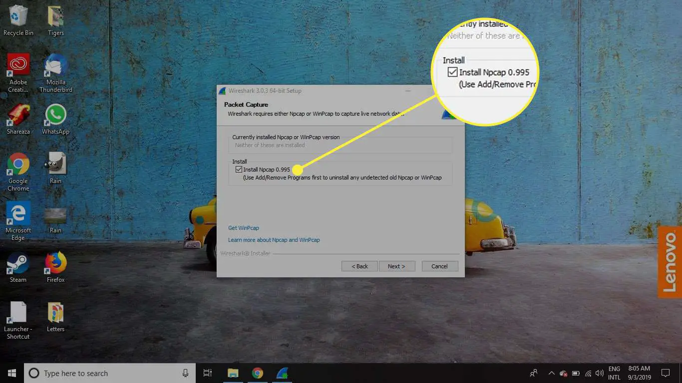 Uma captura de tela da tela de instalação do Wireshark com a opção "Instalar Npcpap" destacada