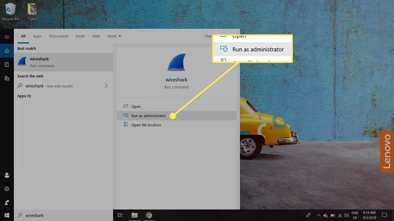 Uma captura de tela da tela de informações do Wireshark no Windows 10 com o "Executar como administrador" opção destacada