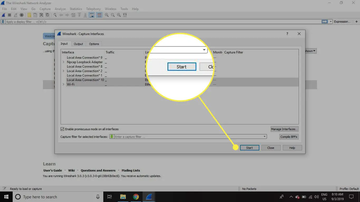 Uma captura de tela da janela da interface de captura do Wireshark com o botão Iniciar destacado
