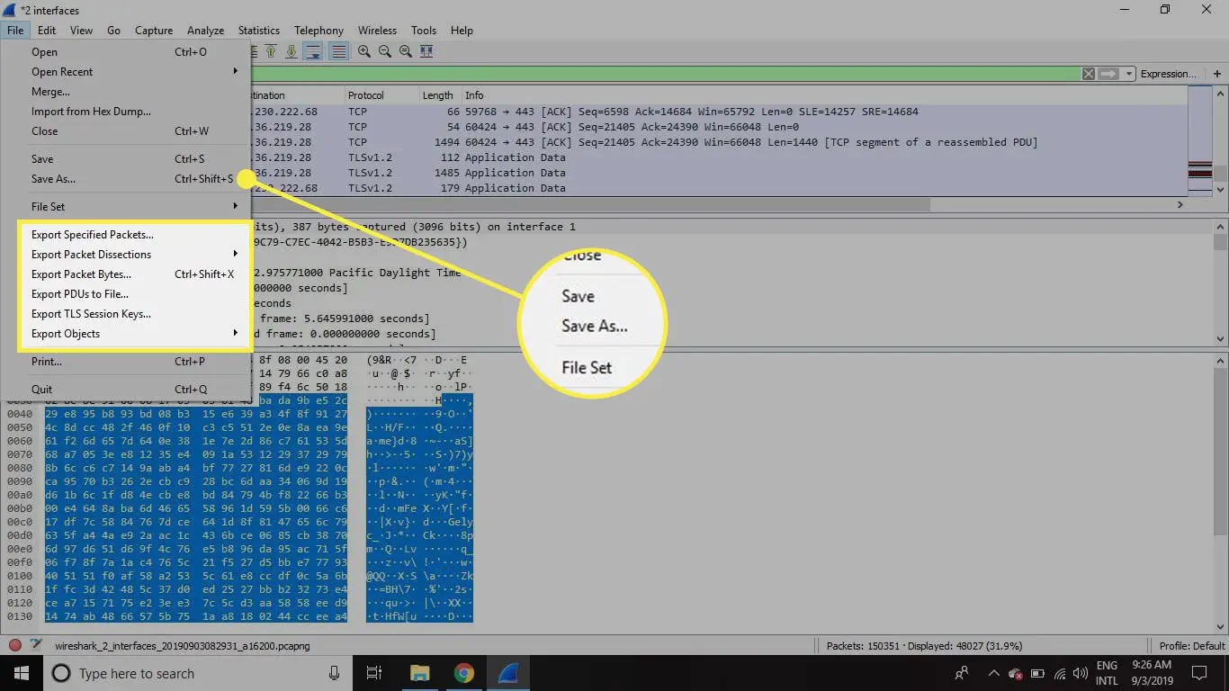 Uma captura de tela do Wireshark com o comando Salvar como e as opções de exportação destacadas