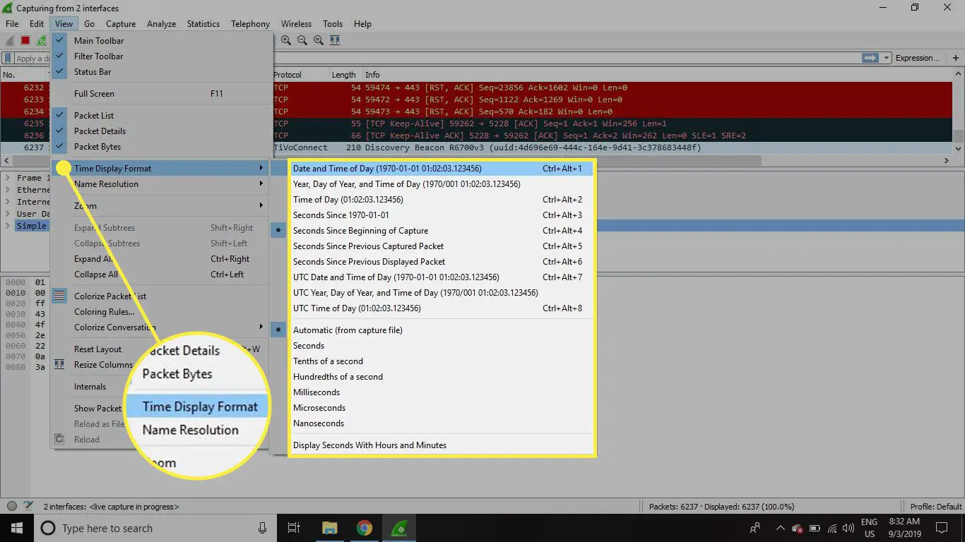 Uma captura de tela do Wireshark com o comando Time Display Format e opções destacadas