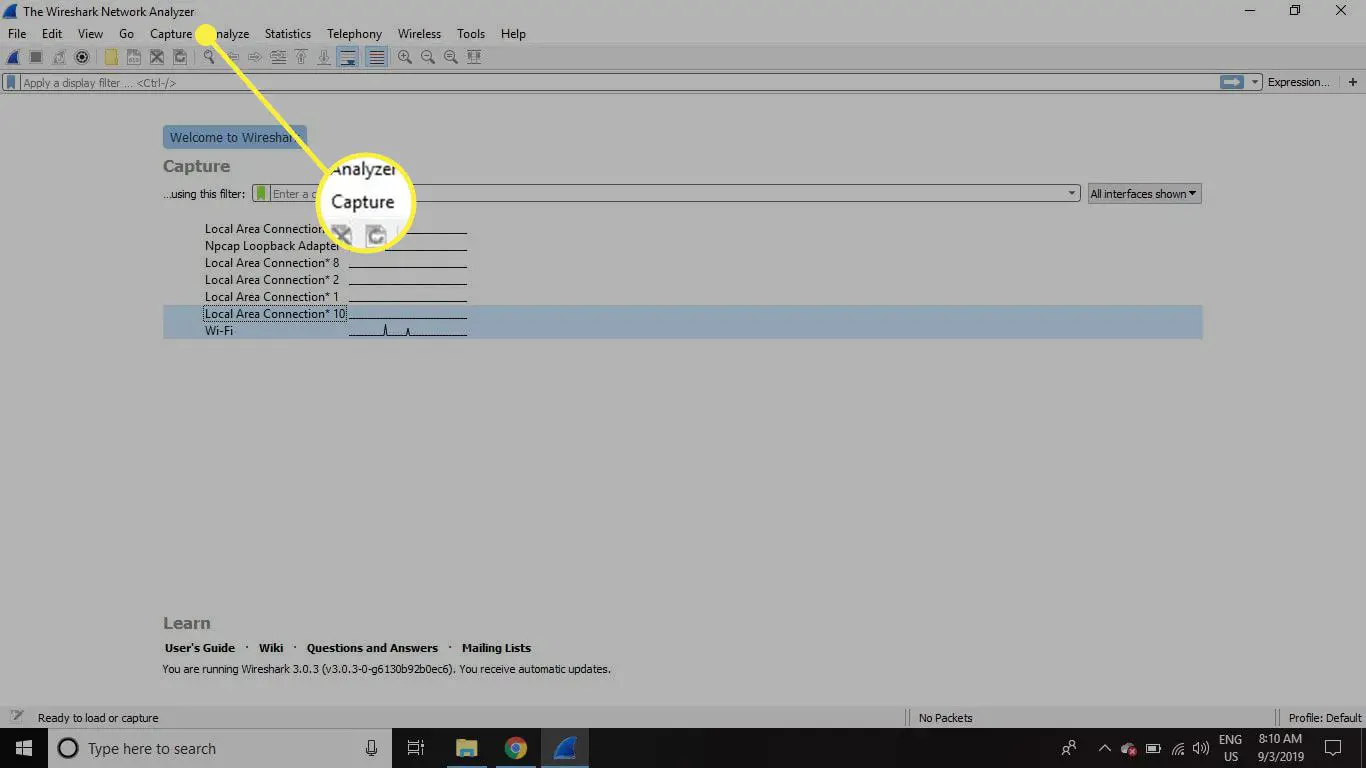 Uma captura de tela do Wireshark com o menu Capture destacado
