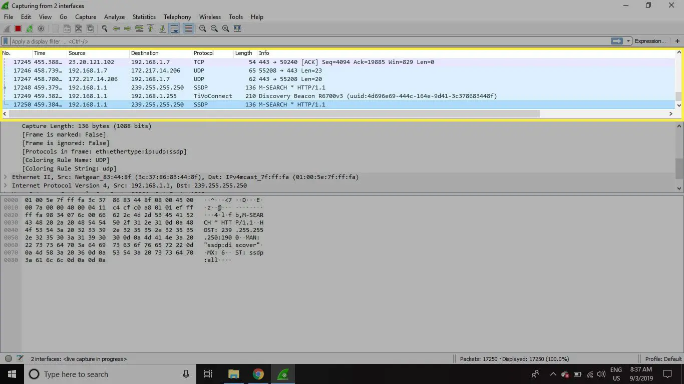Uma captura de tela do Wireshark com o painel de pacotes destacado