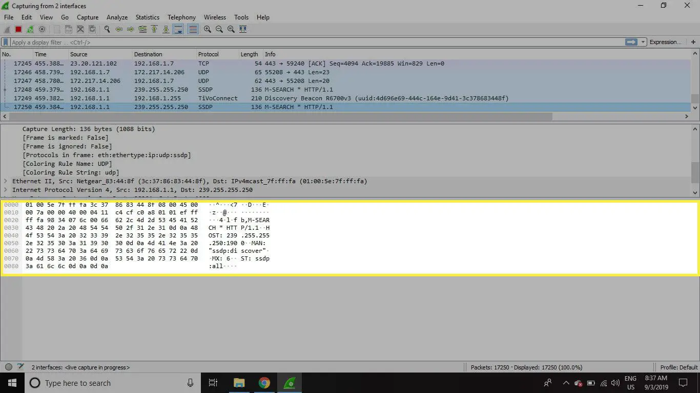 Uma captura de tela do Wireshark com o painel Packet Bytes destacado