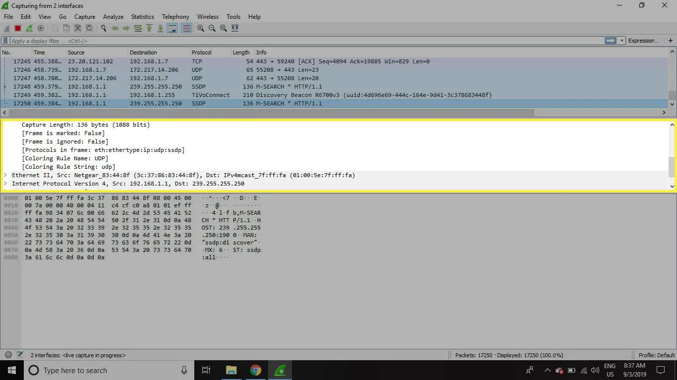 Uma captura de tela do Wireshark com o painel Detalhes do pacote destacado