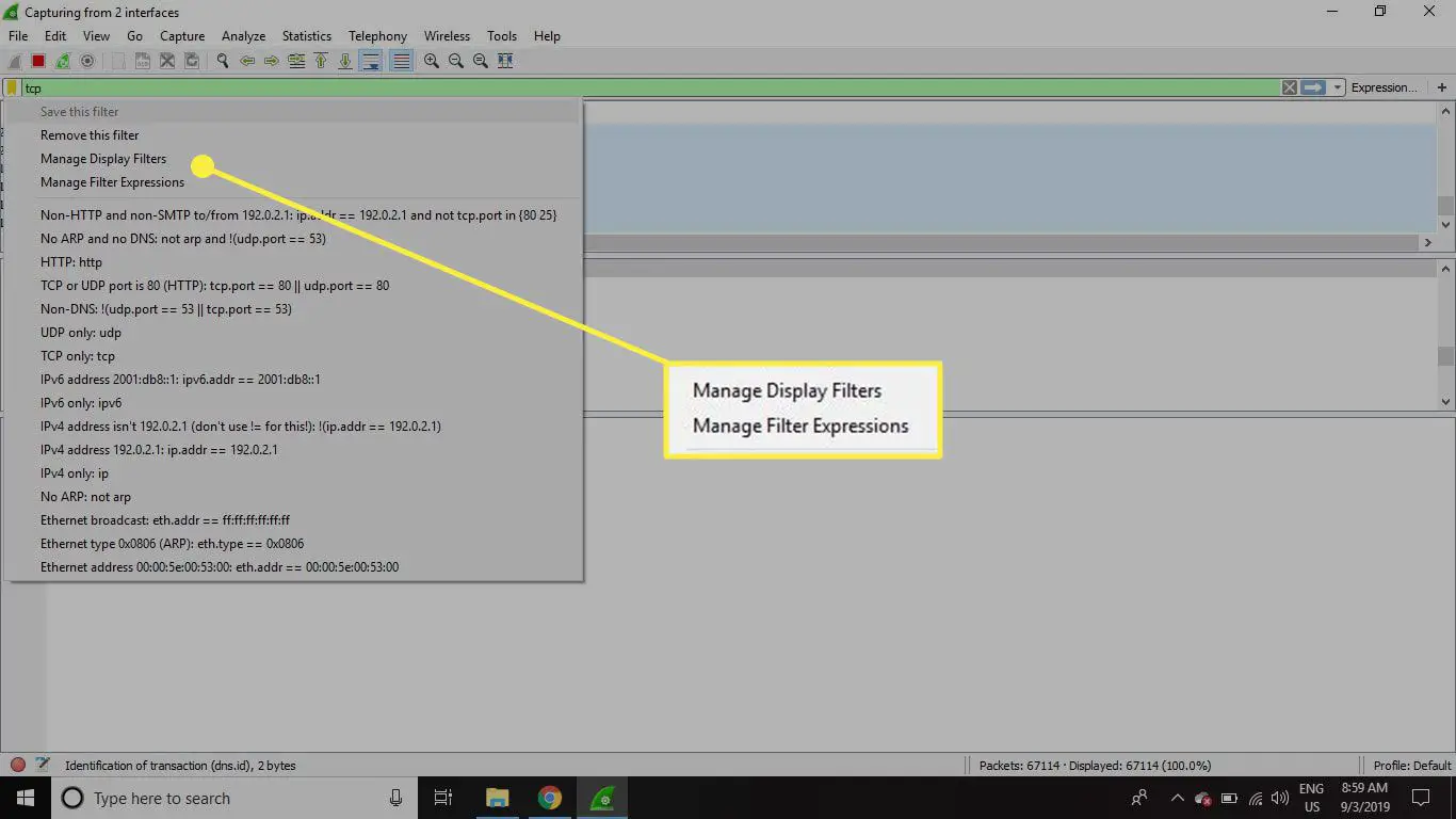 Uma captura de tela do Wireshark com os comandos Manage Display Filters e Manage Filter Expressions destacados